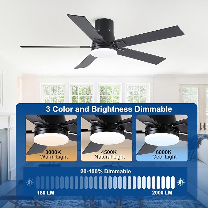 52 Inch Ceiling Fans with Lights and Remote,Flush Mount Black Ceiling Fan,6 Speed Reversible DC Motor,3CCT Dimmable LED-Low