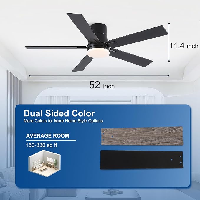 52 Inch Ceiling Fans with Lights and Remote,Flush Mount Black Ceiling Fan,6 Speed Reversible DC Motor,3CCT Dimmable LED-Low