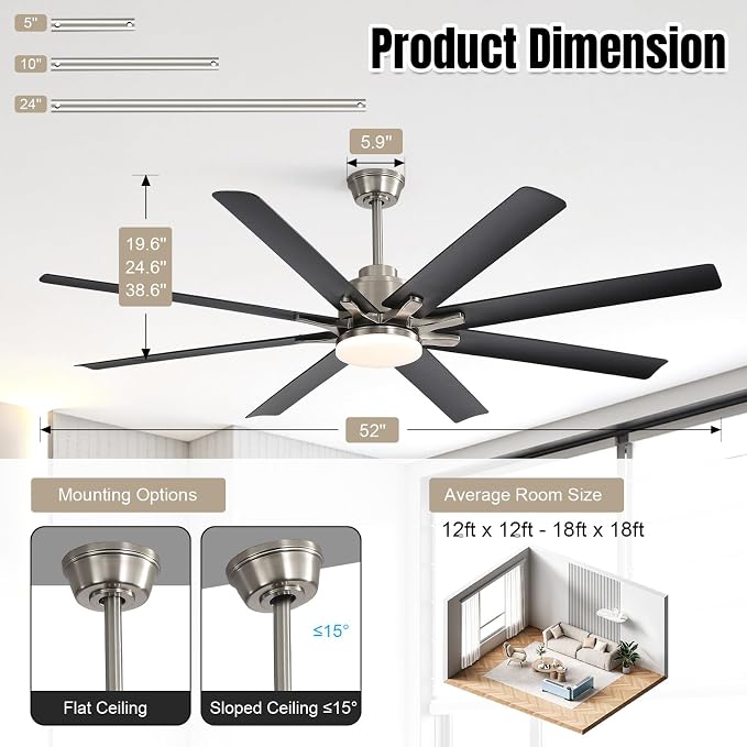 52 Inch Ceiling Fans with Lights and Remote, Modern Black Indoor/Outdoor Ceiling Fan with Quiet Reversible DC Motor, Dimmable