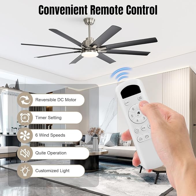 52 Inch Ceiling Fans with Lights and Remote, Modern Black Indoor/Outdoor Ceiling Fan with Quiet Reversible DC Motor, Dimmable