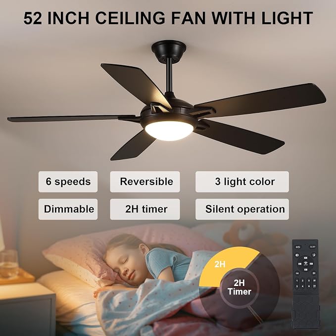 52 Inch Ceiling Fans with Lights and Remote, Modern Indoor Outdoor Ceiling Fan for Bedroom Living Room Patio Porch, 6 Speeds