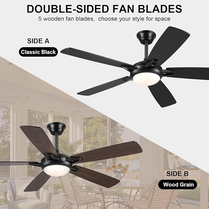 52 Inch Ceiling Fans with Lights and Remote, Modern Indoor Outdoor Ceiling Fan for Bedroom Living Room Patio Porch, 6 Speeds