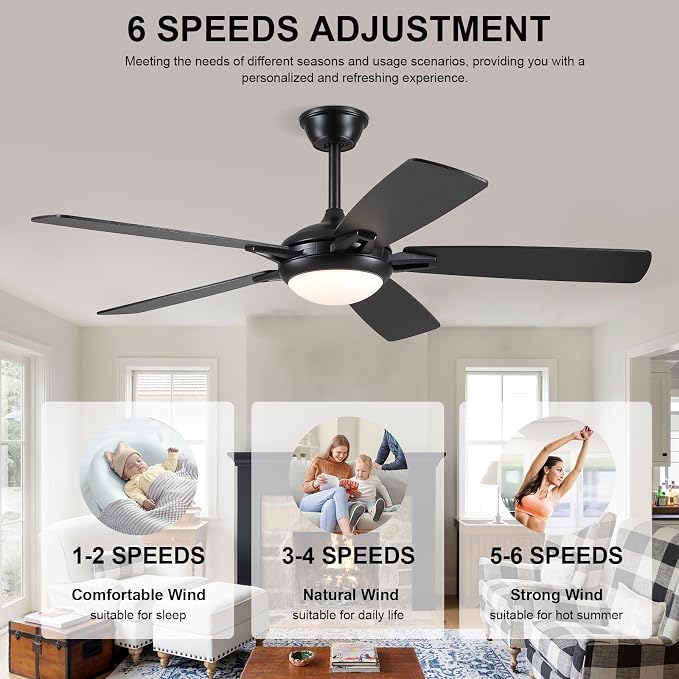52 Inch Ceiling Fans with Lights and Remote, Modern Indoor Outdoor Ceiling Fan for Bedroom Living Room Patio Porch, 6 Speeds