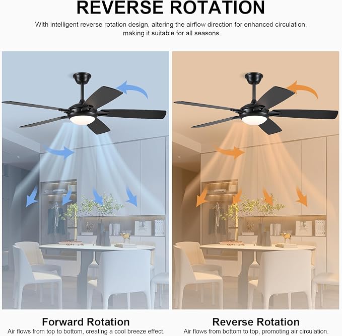 52 Inch Ceiling Fans with Lights and Remote, Modern Indoor Outdoor Ceiling Fan for Bedroom Living Room Patio Porch, 6 Speeds