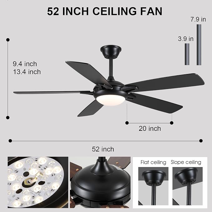52 Inch Ceiling Fans with Lights and Remote, Modern Indoor Outdoor Ceiling Fan for Bedroom Living Room Patio Porch, 6 Speeds