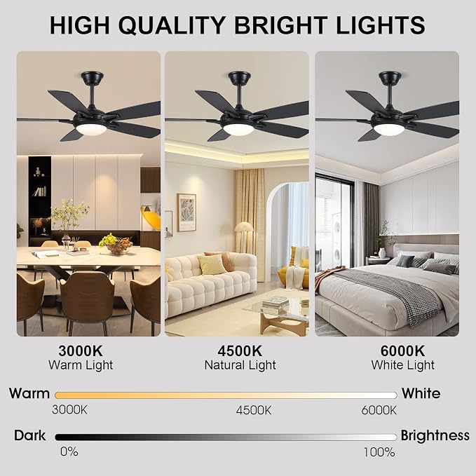 52 Inch Ceiling Fans with Lights and Remote, Modern Indoor Outdoor Ceiling Fan for Bedroom Living Room Patio Porch, 6 Speeds