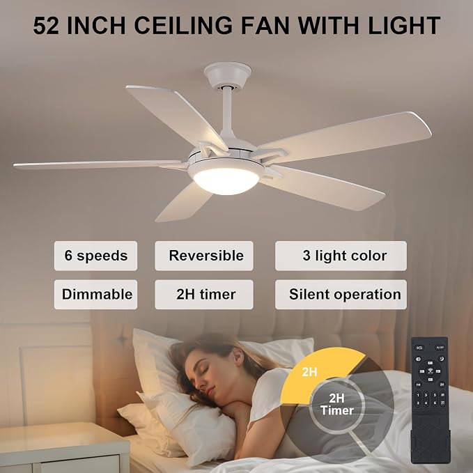 52 Inch Ceiling Fans with Lights and Remote, Modern Indoor Outdoor Ceiling Fan for Bedroom Living Room Patio Porch, 6 Speeds
