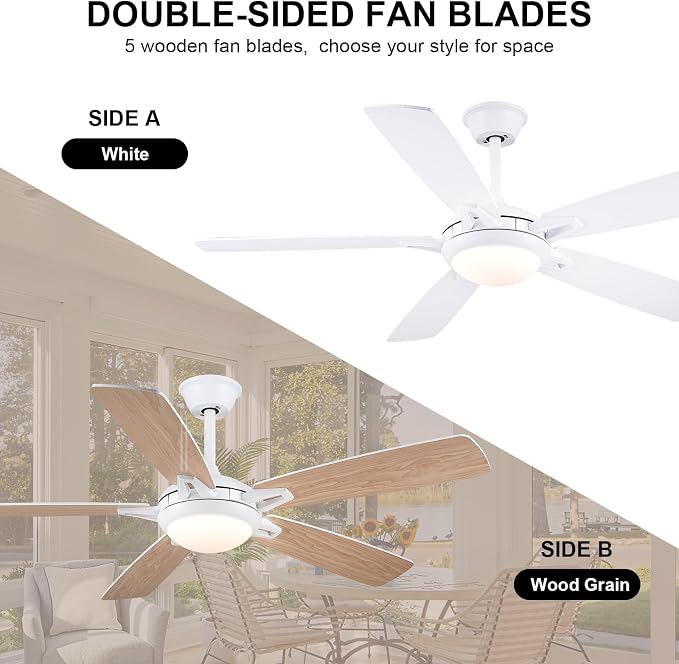 52 Inch Ceiling Fans with Lights and Remote, Modern Indoor Outdoor Ceiling Fan for Bedroom Living Room Patio Porch, 6 Speeds