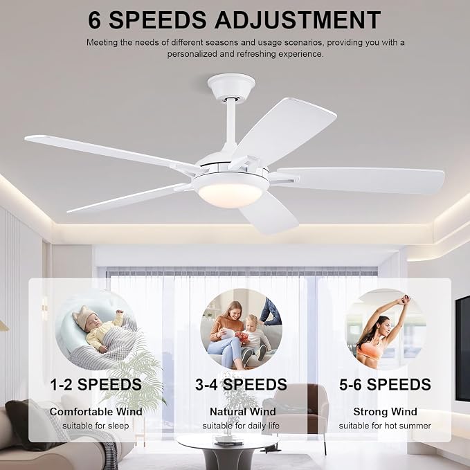 52 Inch Ceiling Fans with Lights and Remote, Modern Indoor Outdoor Ceiling Fan for Bedroom Living Room Patio Porch, 6 Speeds