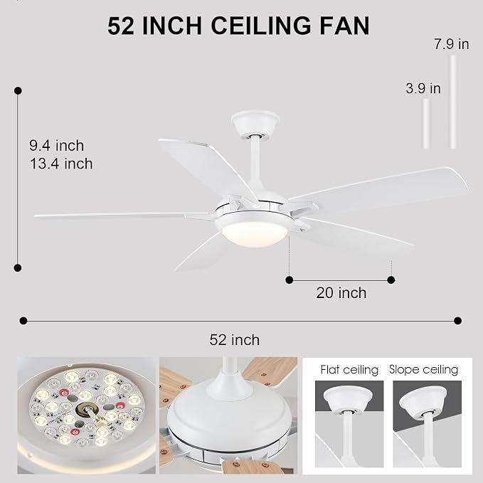 52 Inch Ceiling Fans with Lights and Remote, Modern Indoor Outdoor Ceiling Fan for Bedroom Living Room Patio Porch, 6 Speeds
