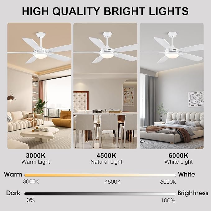 52 Inch Ceiling Fans with Lights and Remote, Modern Indoor Outdoor Ceiling Fan for Bedroom Living Room Patio Porch, 6 Speeds