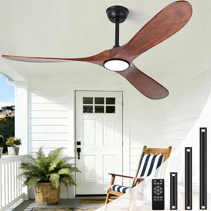 52 Inch Ceiling Fans with Lights and Remote, Modern Wood Outdoor Ceiling Fan with Light, 3 Blade Propeller Indoor Ceiling Fan