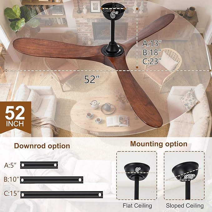 52 Inch Ceiling Fans with Lights and Remote, Modern Wood Outdoor Ceiling Fan with Light, 3 Blade Propeller Indoor Ceiling Fan