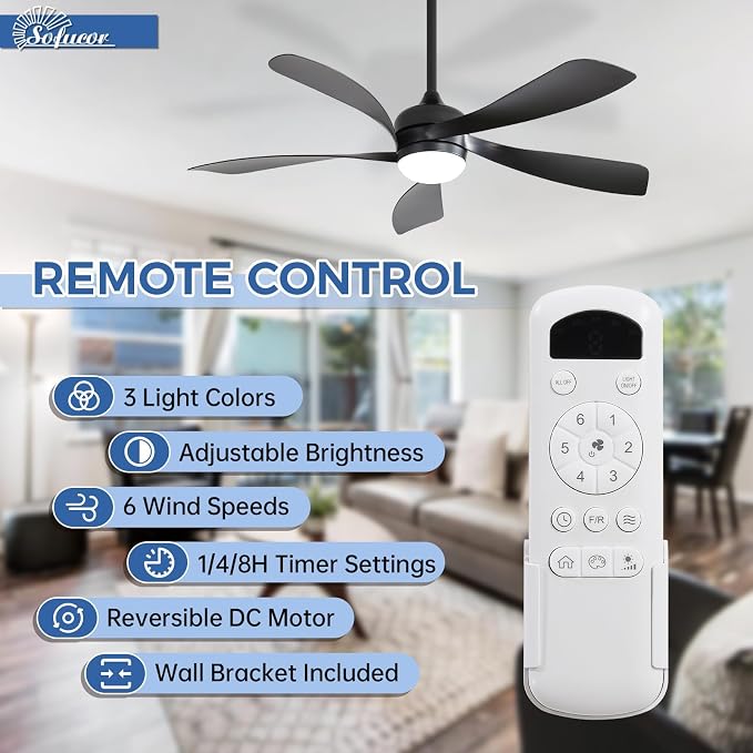 52 Inch Ceiling Fans with Lights and Remote, Outdoor Ceiling Fan with Light 6-Speed 3 CCT 3-Timer,Black Low Profile Ceiling