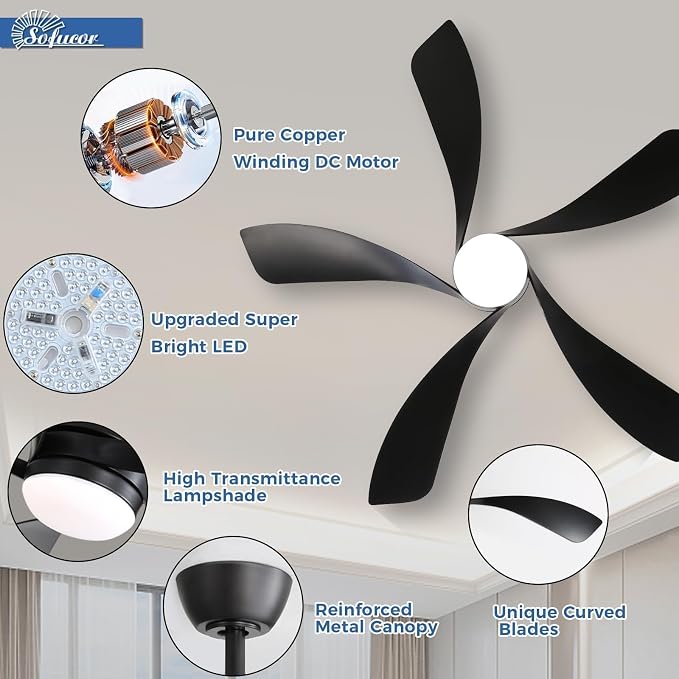 52 Inch Ceiling Fans with Lights and Remote, Outdoor Ceiling Fan with Light 6-Speed 3 CCT 3-Timer,Black Low Profile Ceiling