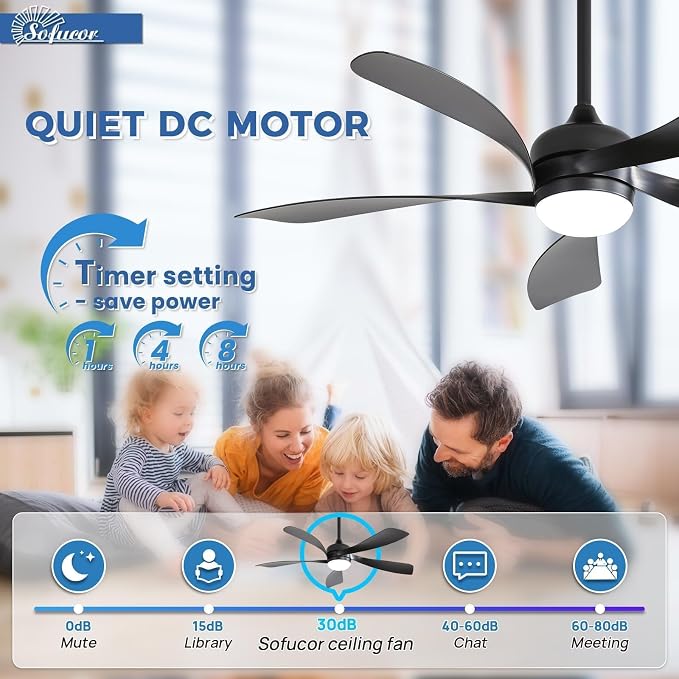 52 Inch Ceiling Fans with Lights and Remote, Outdoor Ceiling Fan with Light 6-Speed 3 CCT 3-Timer,Black Low Profile Ceiling