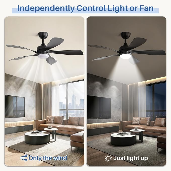 52 Inch Ceiling Fans with Lights and Remote, Outdoor Ceiling Fan with Light 6-Speed 3 CCT 3-Timer,Black Low Profile Ceiling