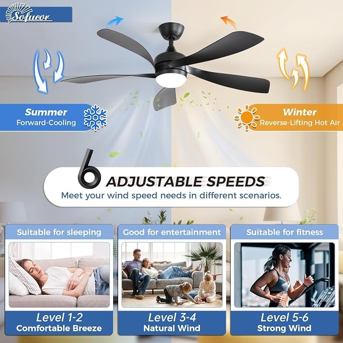 52 Inch Ceiling Fans with Lights and Remote, Outdoor Ceiling Fan with Light 6-Speed 3 CCT 3-Timer,Black Low Profile Ceiling