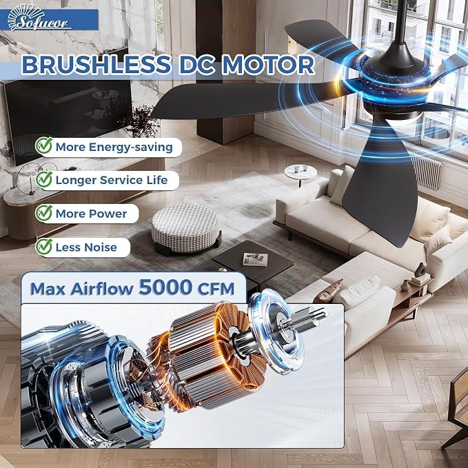 52 Inch Ceiling Fans with Lights and Remote, Outdoor Ceiling Fan with Light 6-Speed 3 CCT 3-Timer,Black Low Profile Ceiling