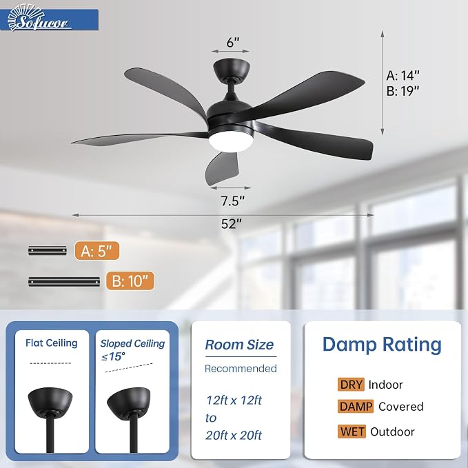 52 Inch Ceiling Fans with Lights and Remote, Outdoor Ceiling Fan with Light 6-Speed 3 CCT 3-Timer,Black Low Profile Ceiling