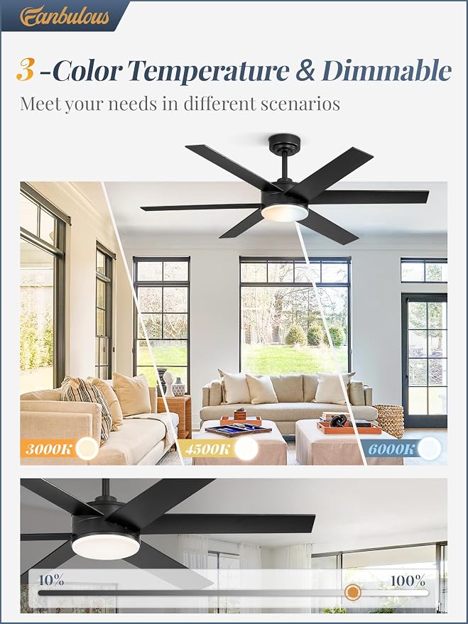 52 Inch Ceiling Fans with Lights and Remote, Reversible 6 Blades, Dimmable, 3000K-6000K Adjustable, Outdoor Ceiling Fans for
