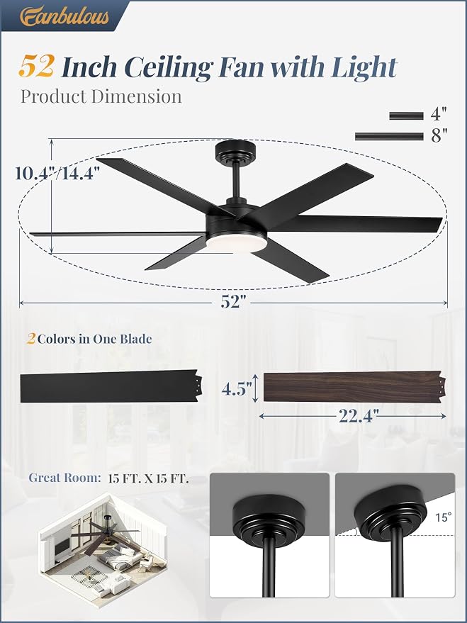52 Inch Ceiling Fans with Lights and Remote, Reversible 6 Blades, Dimmable, 3000K-6000K Adjustable, Outdoor Ceiling Fans for
