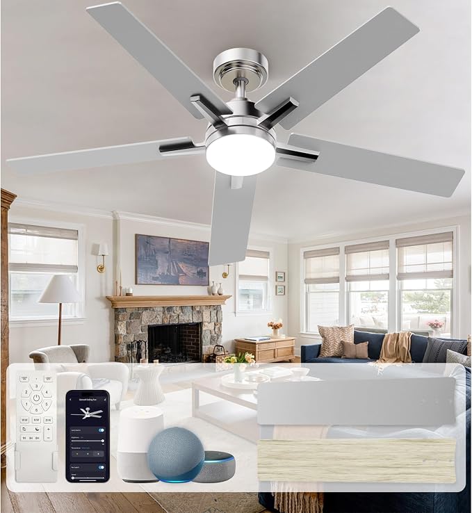 52 Inch Ceiling Fans with Lights and Remote,Smart Ceiling Fan Compatible with Alexa/App Control, 5 Two-Sided Blades, Ultra