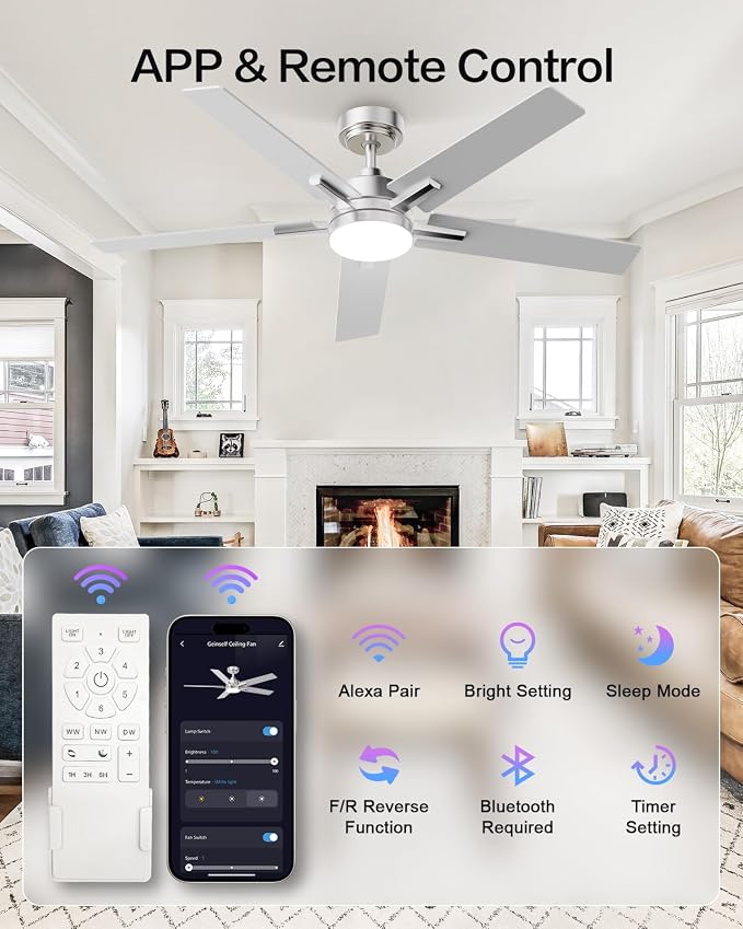 52 Inch Ceiling Fans with Lights and Remote,Smart Ceiling Fan Compatible with Alexa/App Control, 5 Two-Sided Blades, Ultra