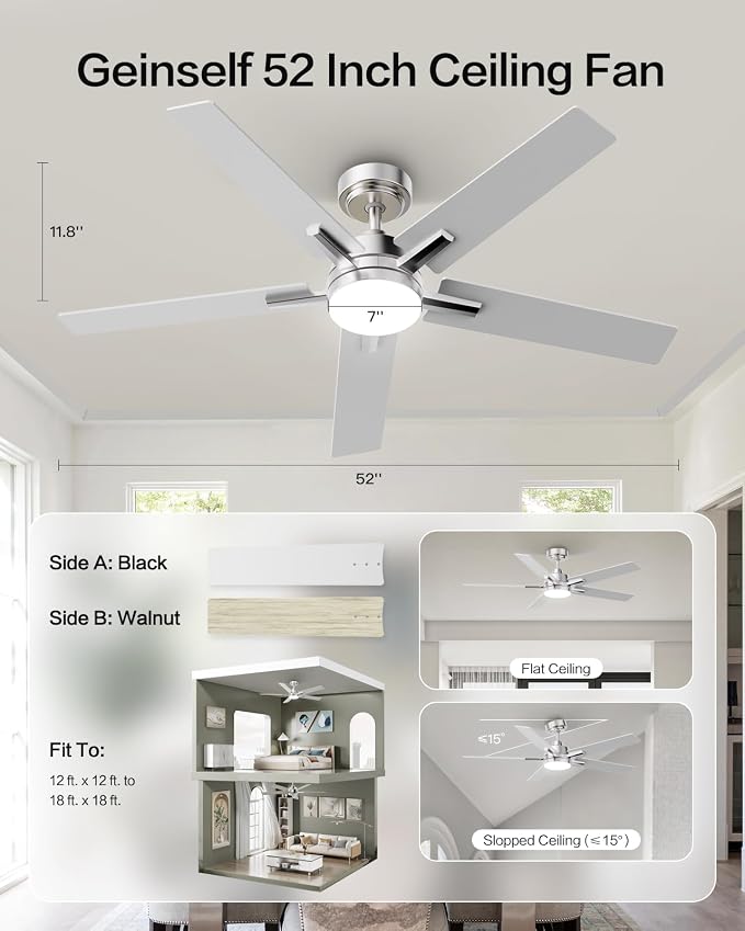 52 Inch Ceiling Fans with Lights and Remote,Smart Ceiling Fan Compatible with Alexa/App Control, 5 Two-Sided Blades, Ultra