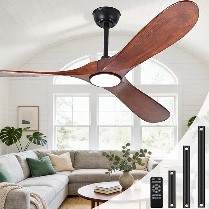 52 Inch Ceiling Fans with Lights and Remote, Wood Outdoor Ceiling Fan with Light, 3 Blade Propeller Indoor Ceiling Fan for