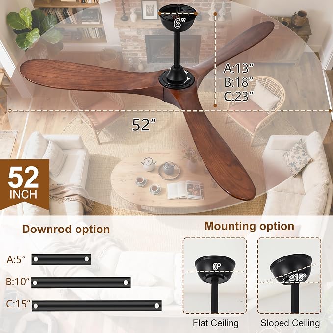 52 Inch Ceiling Fans with Lights and Remote, Wood Outdoor Ceiling Fan with Light, 3 Blade Propeller Indoor Ceiling Fan for