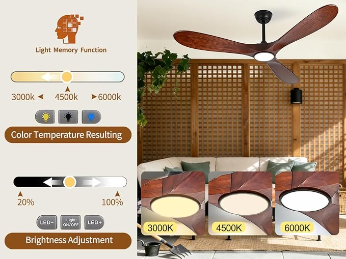 52 Inch Ceiling Fans with Lights and Remote, Wood Outdoor Ceiling Fan with Light, 3 Blade Propeller Indoor Ceiling Fan for