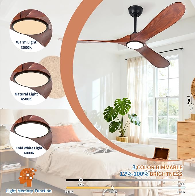 52 Inch Ceiling Fans with Lights and Remote, Wood Outdoor Ceiling Fan with Light, 3 Blade Propeller Indoor Ceiling Fan for