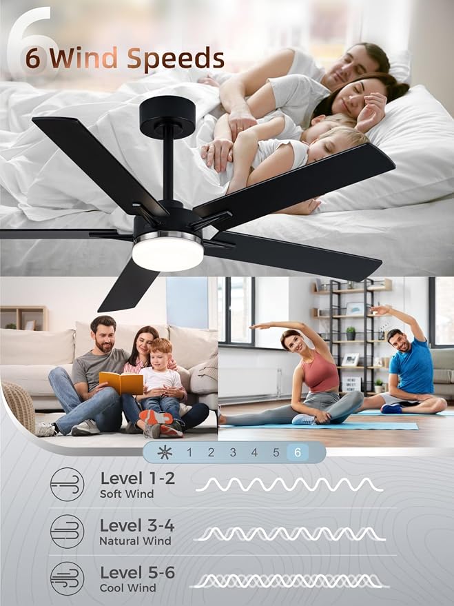 52 Inch Ceiling Fans with Lights, App&Remote Control, Low Profile Modern Ceiling Fan, 6 Speed, Reversible, 3000k-6500k