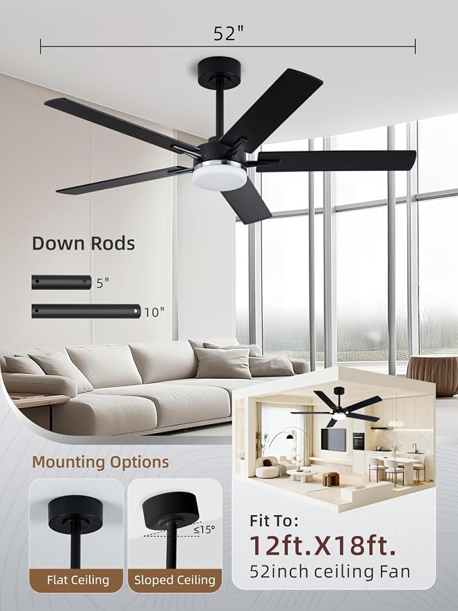 52 Inch Ceiling Fans with Lights, App&Remote Control, Low Profile Modern Ceiling Fan, 6 Speed, Reversible, 3000k-6500k