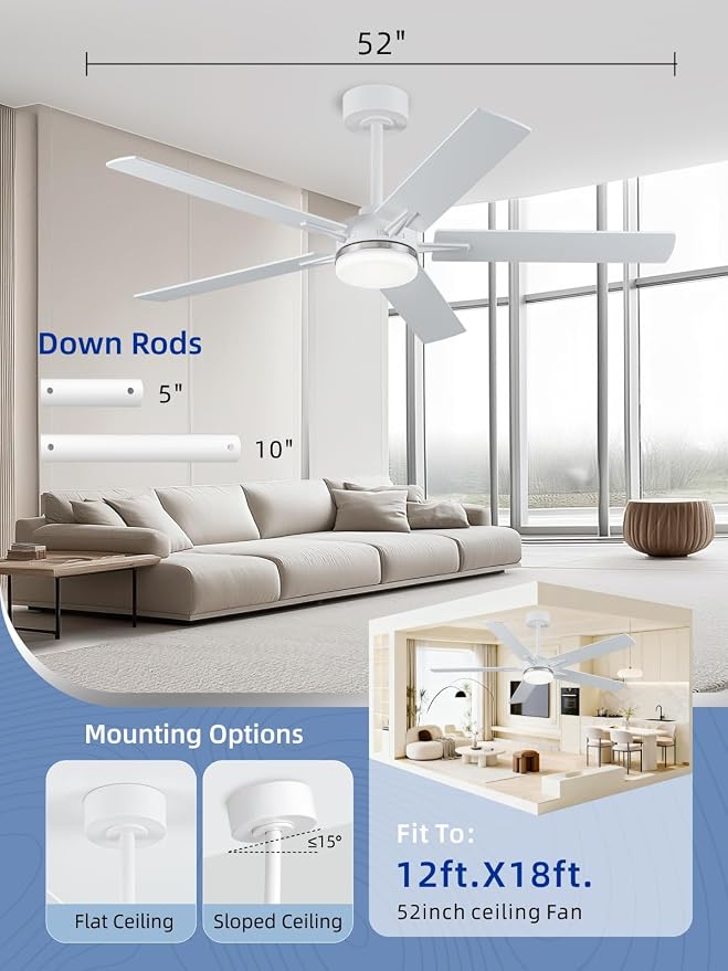 52 Inch Ceiling Fans with Lights, App&Remote Control, Low Profile Modern Ceiling Fan, 6 Speed, Reversible, 3000k-6500k