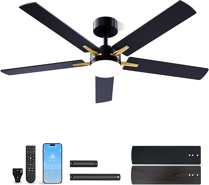 52 Inch Ceiling Fans with Lights, App&Remote Control, Low Profile Modern Ceiling Fan, 6 Speed, Reversible, 3000k-6500k