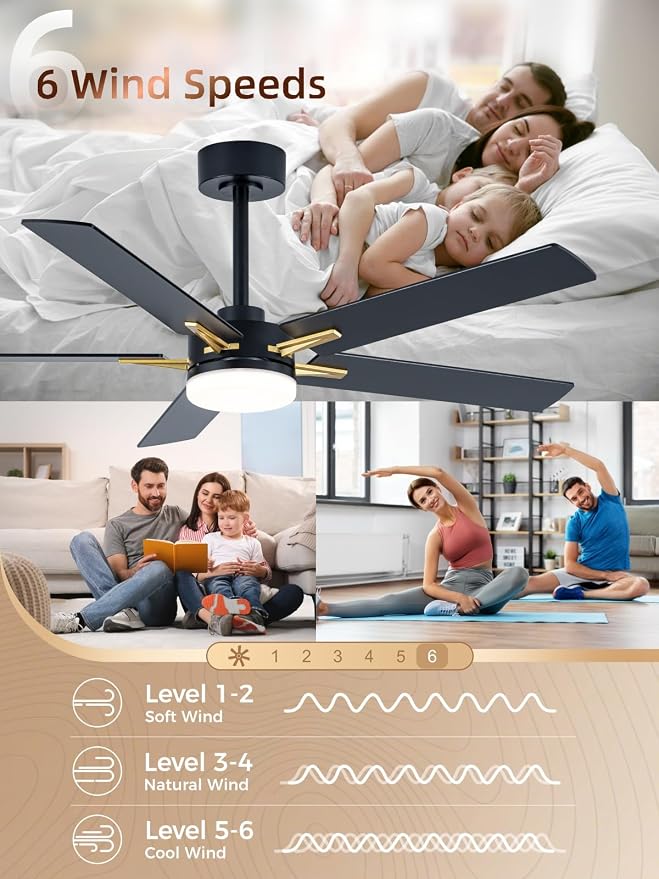 52 Inch Ceiling Fans with Lights, App&Remote Control, Low Profile Modern Ceiling Fan, 6 Speed, Reversible, 3000k-6500k