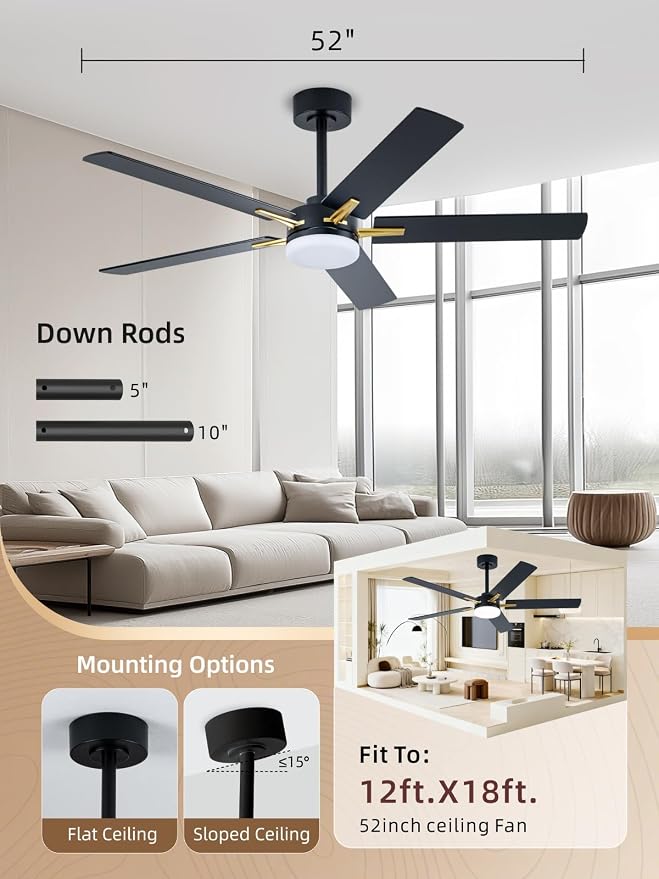 52 Inch Ceiling Fans with Lights, App&Remote Control, Low Profile Modern Ceiling Fan, 6 Speed, Reversible, 3000k-6500k
