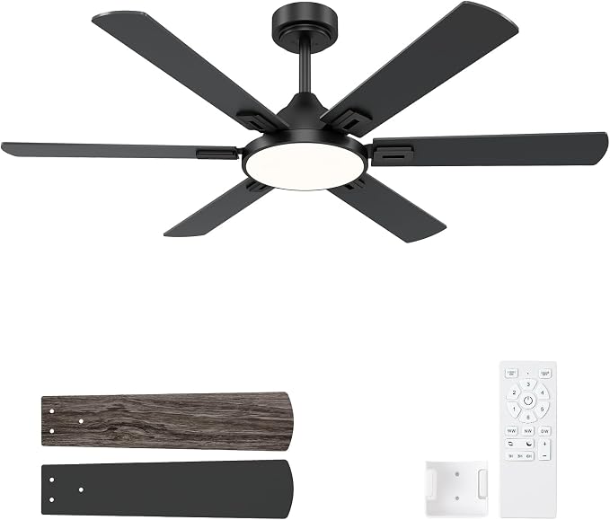 52 Inch Ceiling Fans with Lights: Black Ceiling Fan with Light and Remote for Bedroom Living Room Office - 3CCT Dimmable