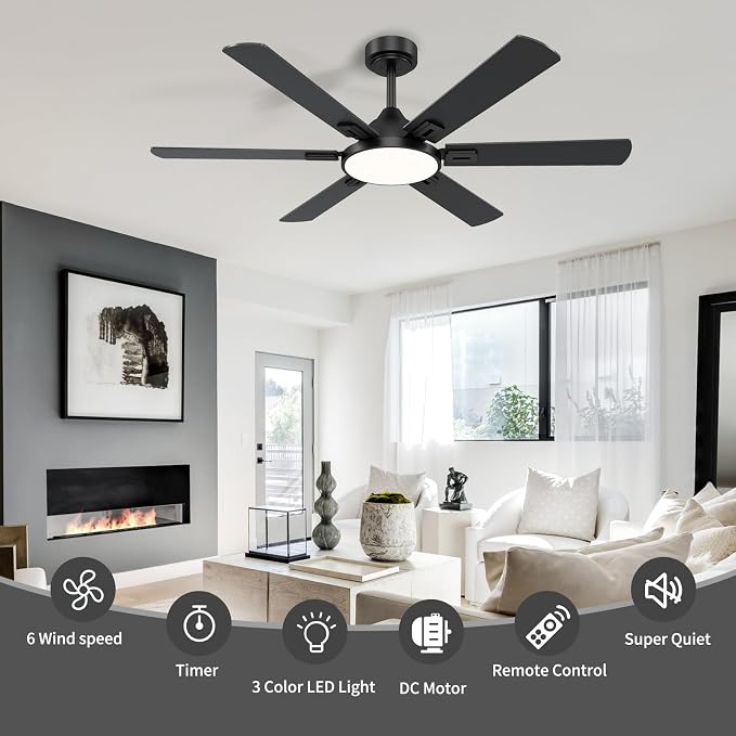 52 Inch Ceiling Fans with Lights: Black Ceiling Fan with Light and Remote for Bedroom Living Room Office - 3CCT Dimmable
