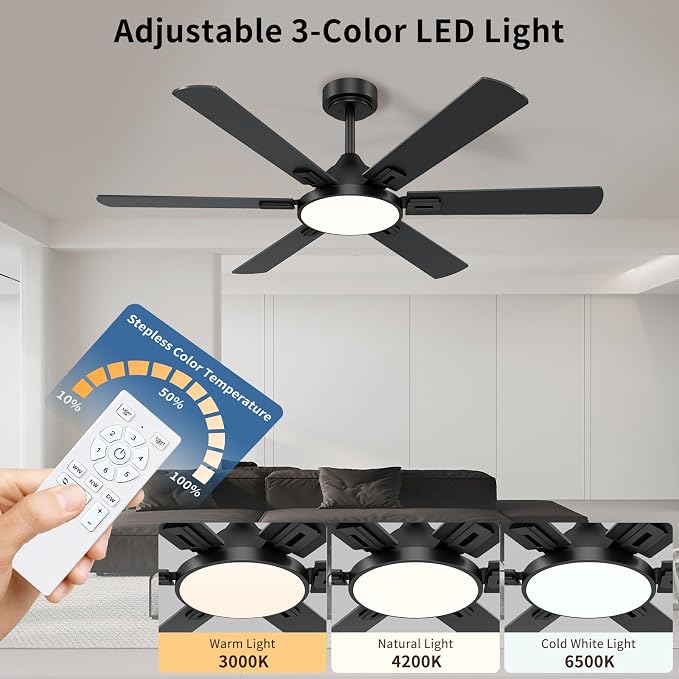 52 Inch Ceiling Fans with Lights: Black Ceiling Fan with Light and Remote for Bedroom Living Room Office - 3CCT Dimmable