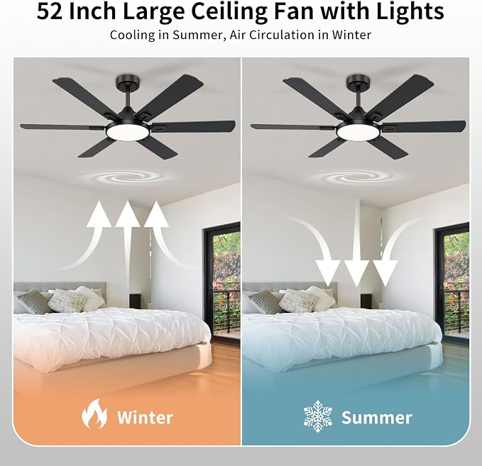 52 Inch Ceiling Fans with Lights: Black Ceiling Fan with Light and Remote for Bedroom Living Room Office - 3CCT Dimmable