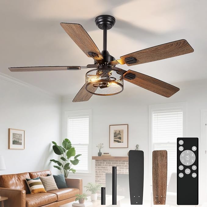 52-Inch Ceiling Fans with Lights: Caged Ceiling Fans Dual Finish 5 Blades - Rustic Ceiling Fan with Remote