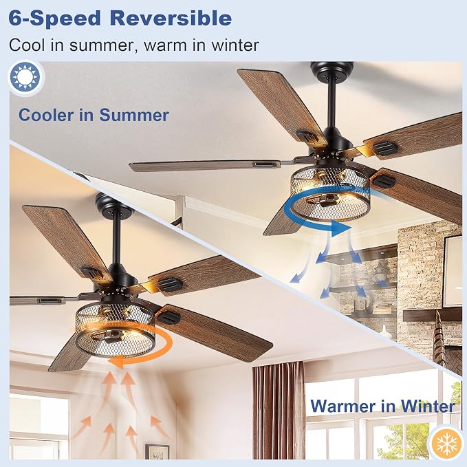 52-Inch Ceiling Fans with Lights: Caged Ceiling Fans Dual Finish 5 Blades - Rustic Ceiling Fan with Remote, alternate view 2