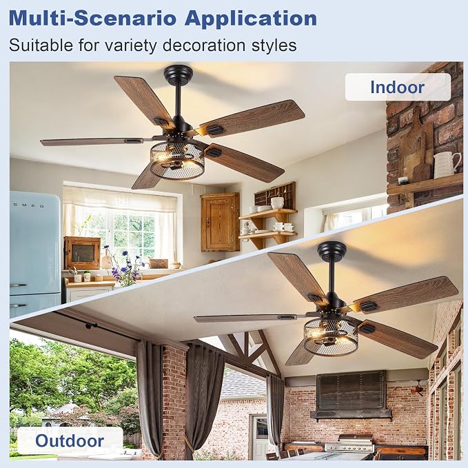 52-Inch Ceiling Fans with Lights: Caged Ceiling Fans Dual Finish 5 Blades - Rustic Ceiling Fan with Remote, alternate view 3