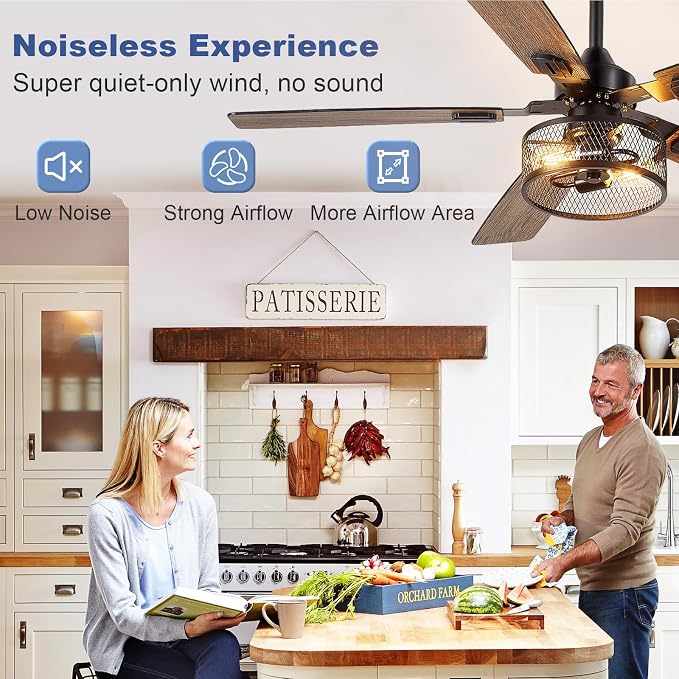 52-Inch Ceiling Fans with Lights: Caged Ceiling Fans Dual Finish 5 Blades - Rustic Ceiling Fan with Remote, alternate view 4