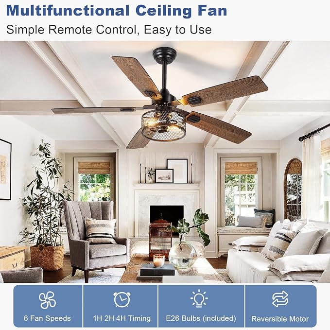 52-Inch Ceiling Fans with Lights: Caged Ceiling Fans Dual Finish 5 Blades - Rustic Ceiling Fan with Remote, alternate view 5