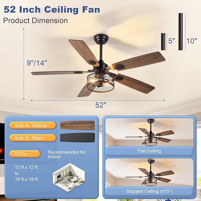 52-Inch Ceiling Fans with Lights: Caged Ceiling Fans Dual Finish 5 Blades - Rustic Ceiling Fan with Remote, alternate view 6
