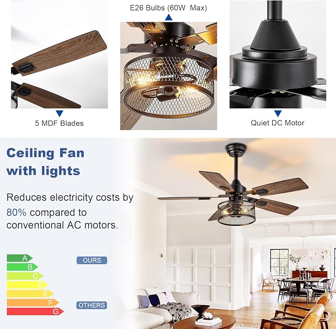 52-Inch Ceiling Fans with Lights: Caged Ceiling Fans Dual Finish 5 Blades - Rustic Ceiling Fan with Remote, alternate view 7